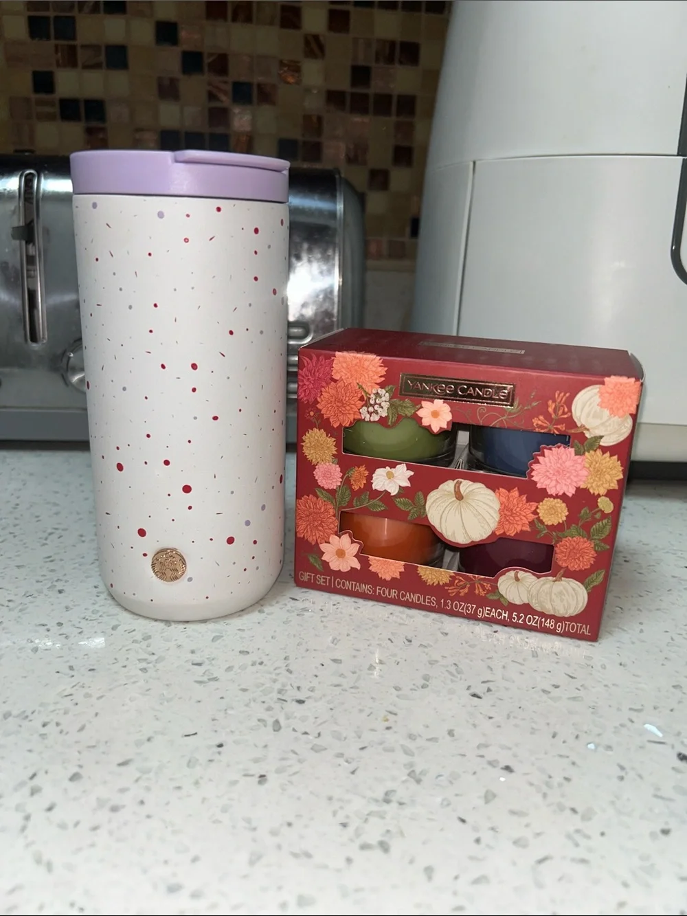 Starbucks Lavender Speckled Travel Tumbler with Rose Gold Charm
